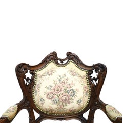 Louis XV Style Floral Carved Mahogany & Floral Tapestry Fauteuil C1900