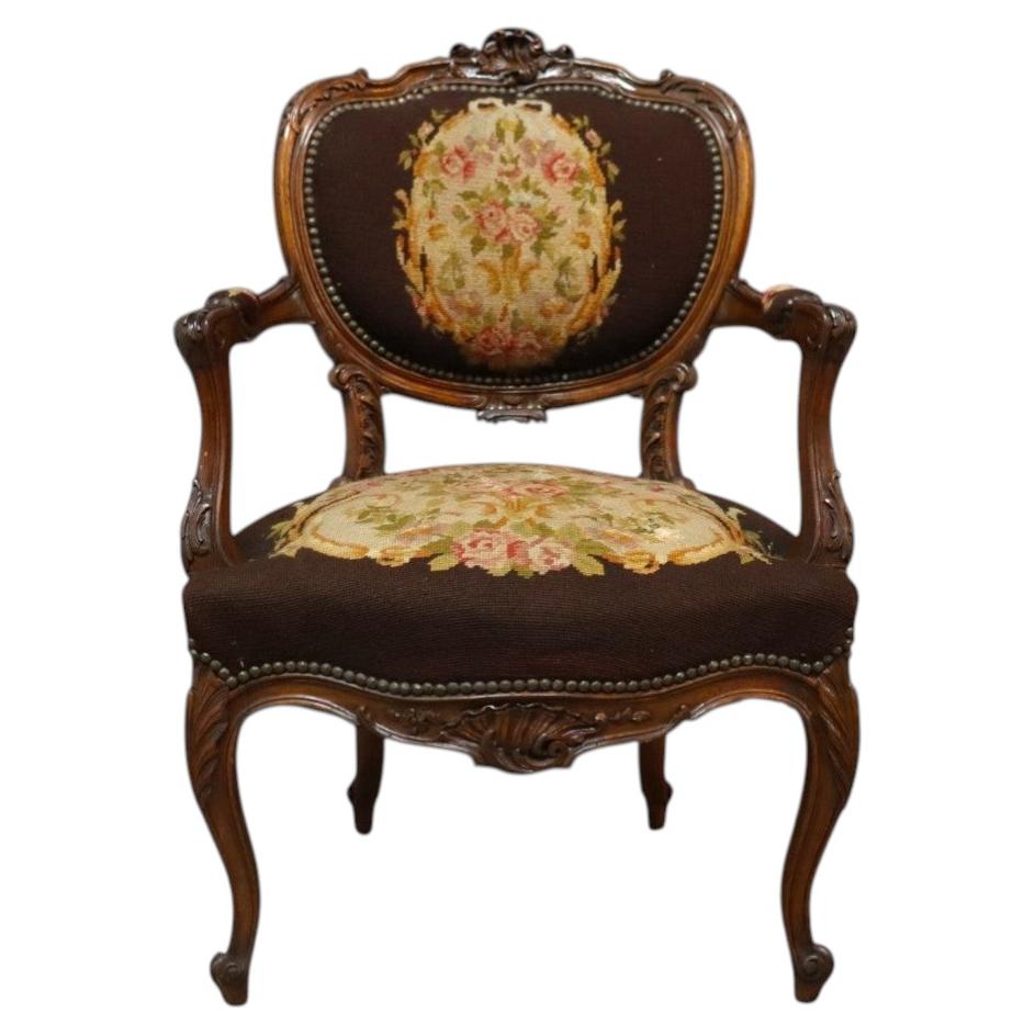 Victorian Carved Mahogany & Floral Tapestry Balloon Back Parlor Chair C1900