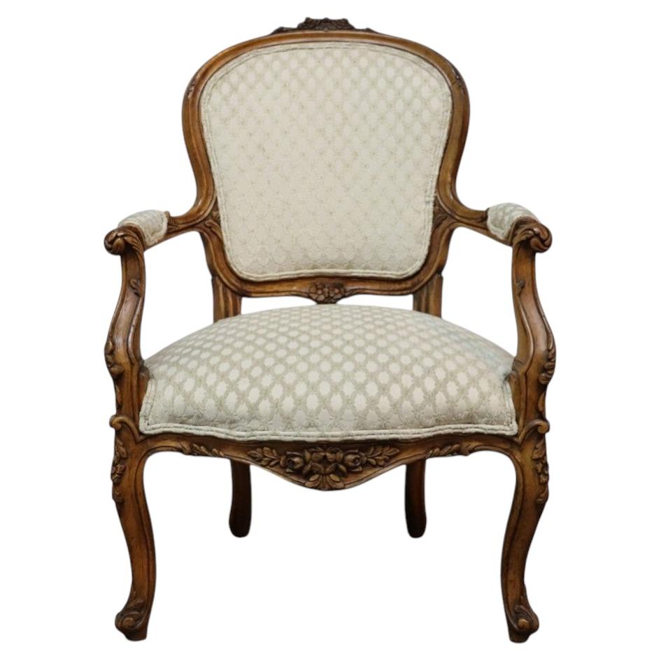 Vintage French Rococo Style Carved Walnut Fauteuil Chair C1950 For Sale