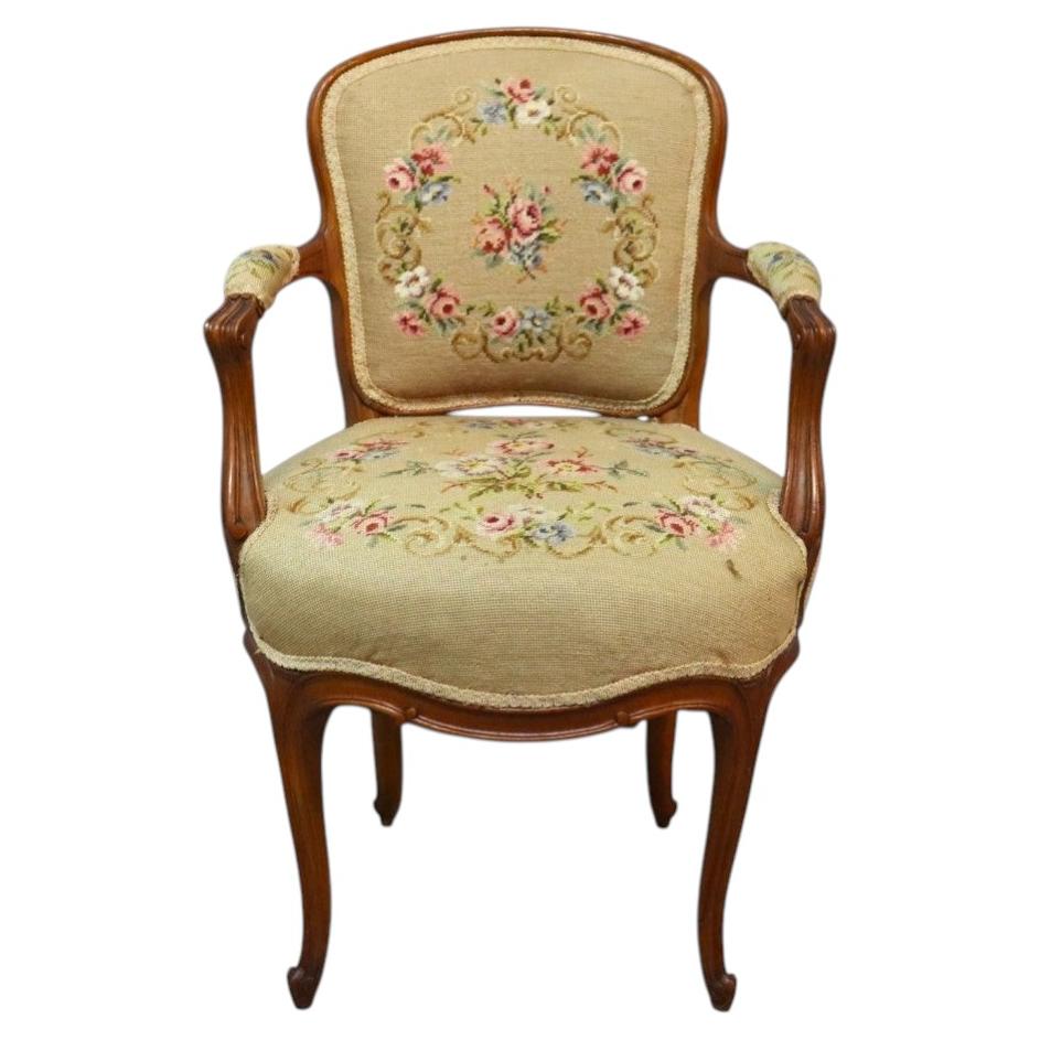 Louis XV Style Walnut & Tapestry Fauteuil Chair With Cabriole Legs C1900 For Sale
