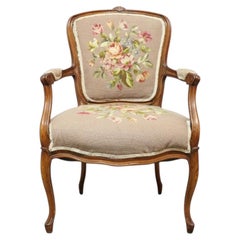 French Louis XV Style Carved Walnut & Floral Tapestry Armchair C1900