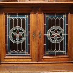Continental Gothic Carved Oak & Stained Leaded Glass Court Cupboard C1900