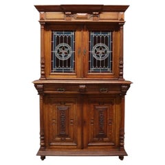 Continental Gothic Carved Oak & Stained Leaded Glass Court Cupboard C1900