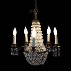 Vintage Italian Brass & Cut Crystal 5 Light Chandelier C1950