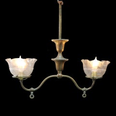 Brass 2-Arm Electrified Gas Chandelier With Pressed Glass Shades C1890