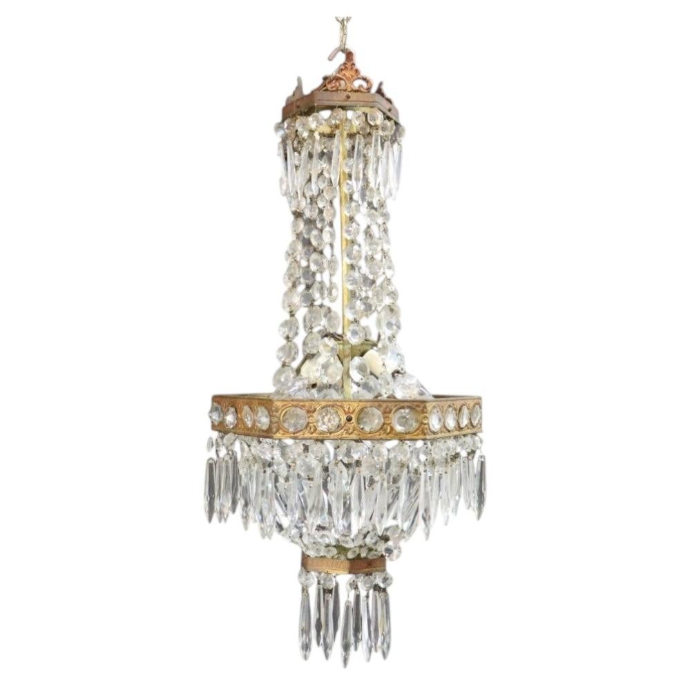 Vintage Italian Brass & Cut Crystal 3-Light Chandelier C1950