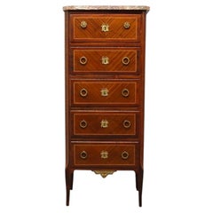 Commode à 5 tiroirs de style Louis XVI, en acajou, marbre rouge et bronze doré incrusté, destinée à la lingerie