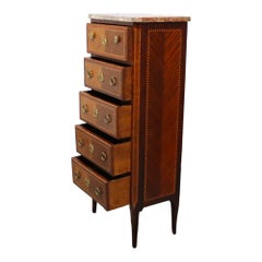 Commode à 5 tiroirs de style Louis XVI, en acajou, marbre rouge et bronze doré incrusté, destinée à la lingerie