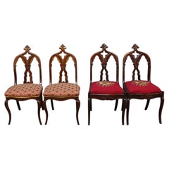 4 Gothic Carved Flame Mahogany Side Chairs C1860
