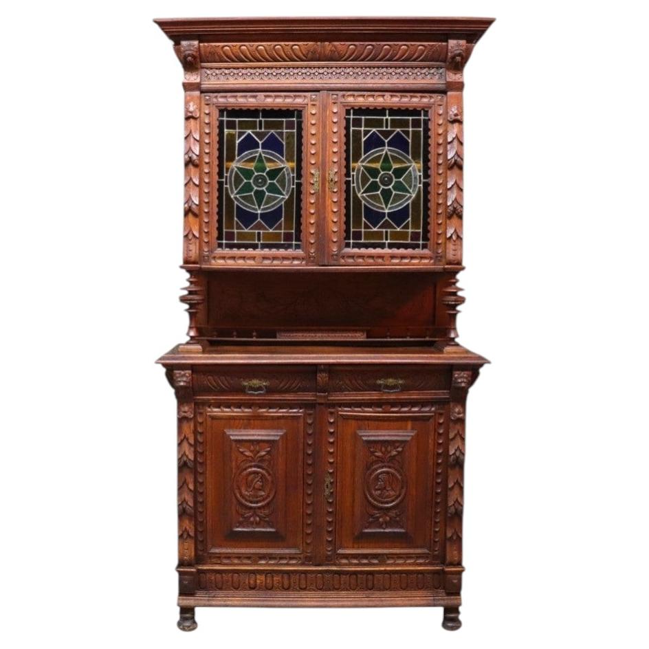 English Jacobean Carved Oak Sideboard With Ornate Stained Glass C1900 For Sale