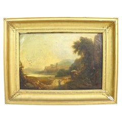 Pintura de paisaje al óleo sobre lienzo con marco original de madera dorada del siglo XIX