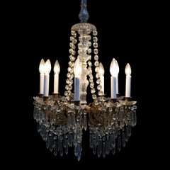 Vintage French Empire Style Cut Crystal & Glass 9-Light Basket Chandelier C1940