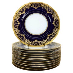 12 Hutschenreuther Royal Bavarian Cobalt & Gold Gilt Porcelain Dinner Plates