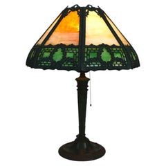 Bradley & Hubbard School Arts & Crafts 2 Tone 8 Panel Slag Glass Lamp C1920