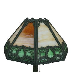 Bradley & Hubbard School Arts & Crafts 2 Tone 8 Panel Slag Glass Lamp C1920