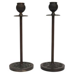 Pair Arts & Crafts Patinaed Bronze Candlesticks With Murano Glass Inserts C1920