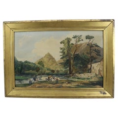 Antique Watercolor On Paper Landscape Painting With Figures 19thC