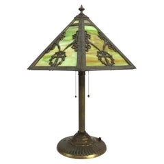 Arts & Crafts Rainaud 6 Panel Slag Glass Lamp, Manner Of Bradley & Hubbard c1920