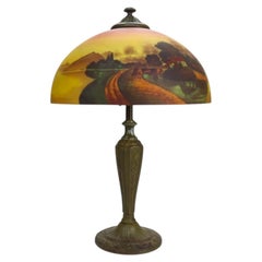 Arts & Crafts Phoenix Scenic Reverse Painted Table Lamp Signed A & R C1920