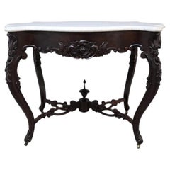 Oversized Rococo Revival Floral Carved Walnut MarbleTurtle Top Table C1890