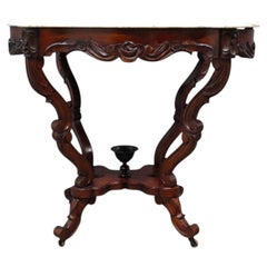 Oversized Antique Rococo Revival Floral Carved Walnut Marble Turtle Top Table