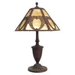 Arts & Crafts Bradley & Hubbard Style 6-Panel Slag Glass Lamp Unsigned C1920