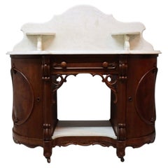 Carved Walnut & Burl Marble Top Server Desk With Candle Stands C1880