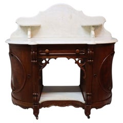 Carved Walnut & Burl Marble Top Server Desk With Candle Stands C1880
