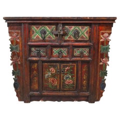 Antique Tibetan Floral Polychromed & Carved Rosewood Tea Cabinet C1890