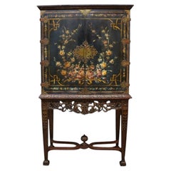 2-Piece Chinoiserie Hnd Painted & Carved Floral Cabinet C1910