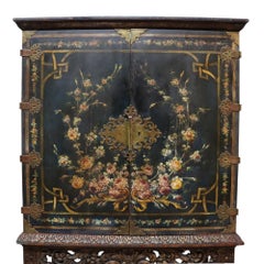 2-Piece Chinoiserie Hnd Painted & Carved Floral Cabinet C1910