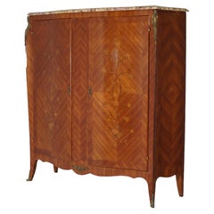 Antique French Kingwood, Marble & Satinwood Marquetry Armoire C1910