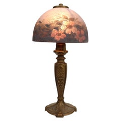 Handel Floral Reverse Painted Chipped Ice Shade & Gilt Metal Base C1910