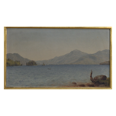 Dipinto antico a olio su tela raffigurante una scena lacustre, attribuito a... David Johnson, 1890 circa