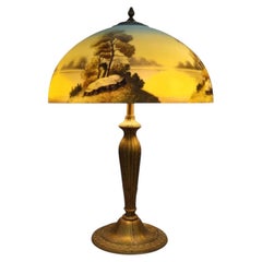 Arts & Crafts Phoenix Reverse Painted Landscape Lamp C1920