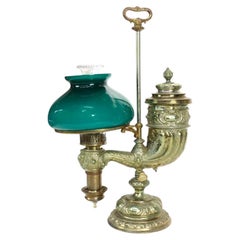 Silvered Cornucopia Student Lamp With Emerald Shade C1890