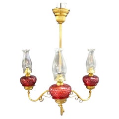 Brass & Cranberry Glass Electrified 3-Light Hanging Chandelier C1880