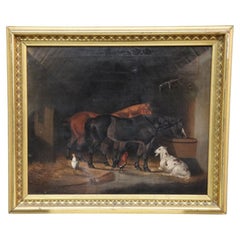 Antique Oil On Canvas Painting Of A Barn Scene With Animals C1890