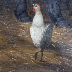 Antique Oil On Canvas Painting Of A Barn Scene With Animals C1890