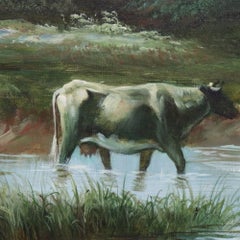 Gran cuadro antiguo de John Wyer, al óleo sobre lienzo, con un paisaje y ganado, firmado, hacia 1910