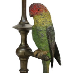 Pair Antique Brass Candlesticks & Cold Painted Bergman Bronze Parrots C1920