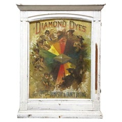 Armadietto da parete pubblicitario in latta con decorazioni in quercia e litografia “Diamond Dyes”, XIX secolo