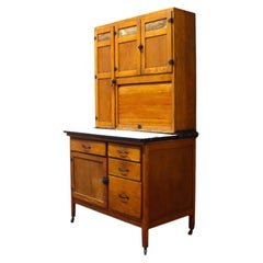 Hoosier Style Oak Paneled & Slag Glass Kitchen Cabinet C1920