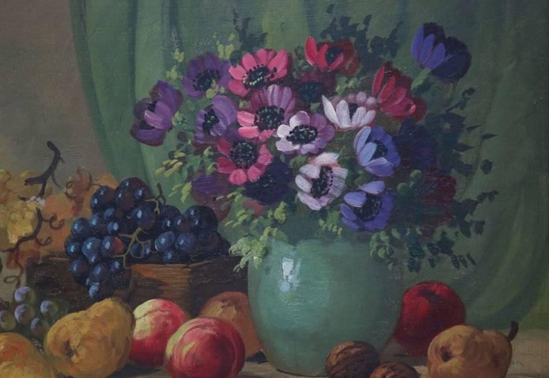 Oil on board continental school still life floral and fruit painting features vibrant palette, 20th century.