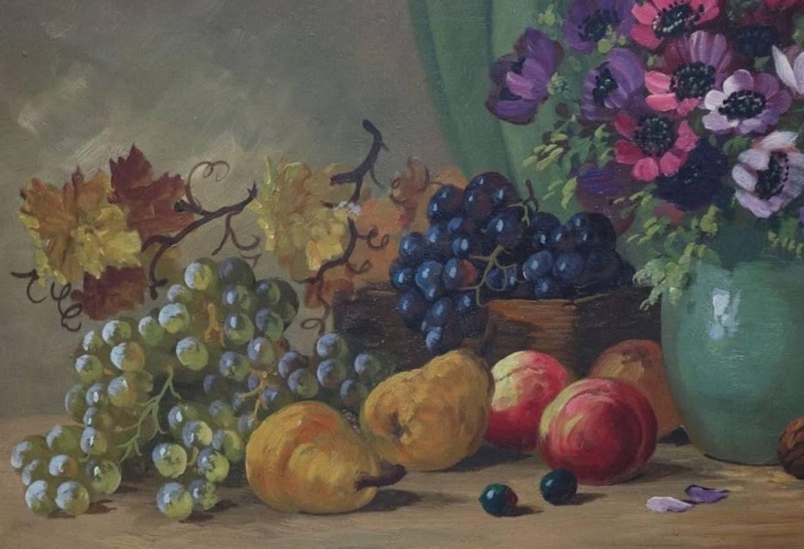 Painted Oil on Board Continental School Floral and Fruit Still Life, 20th Century