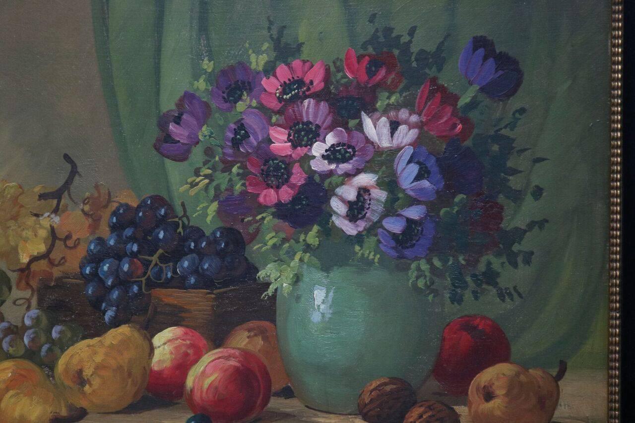 Oil on Board Continental School Floral and Fruit Still Life, 20th Century In Good Condition In Big Flats, NY