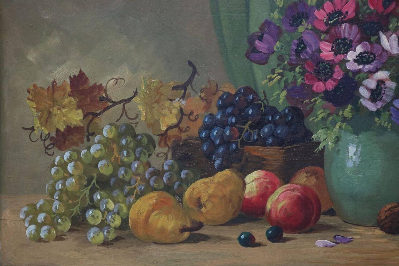 Canvas Oil on Board Continental School Floral and Fruit Still Life, 20th Century