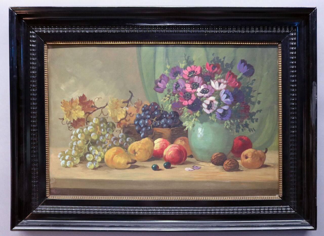 Oil on Board Continental School Floral and Fruit Still Life, 20th Century 1