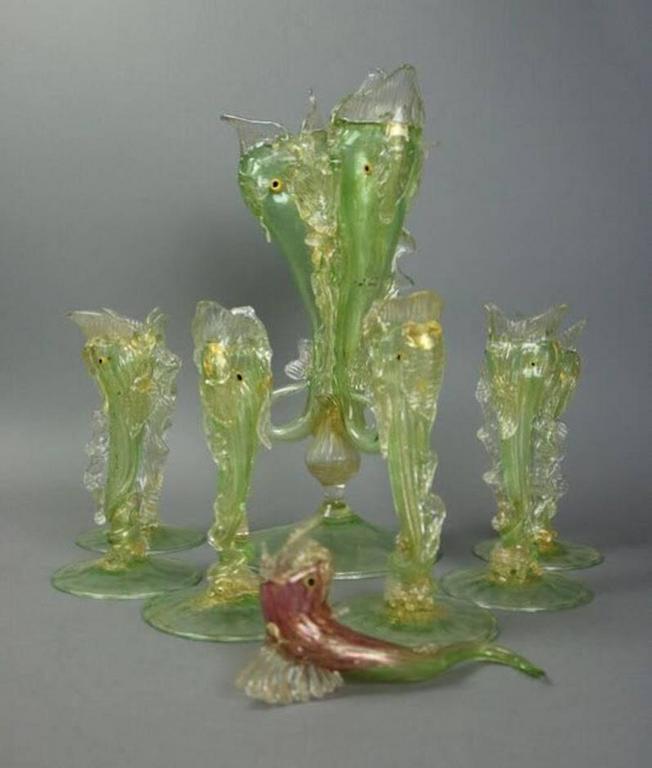 Eight Piece Antique Venetian Glass Figural Fish Epergne Set Circa