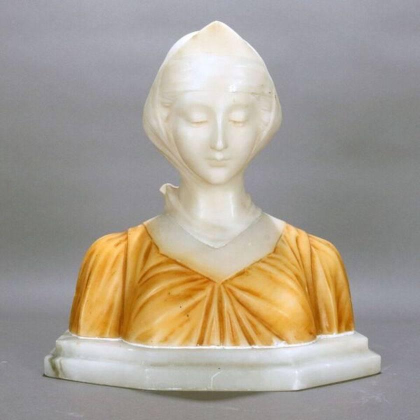 Antique Italian classical carved two-toned alabaster bust depicts highly detailed bust of  Beatrice, from Dante's Divina Comedia, circa 1880.